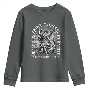 Saint Michael Defend Us In Battle Youth Sweatshirt Catholic Protection Gift TS12 Dark Heather Print Your Wear