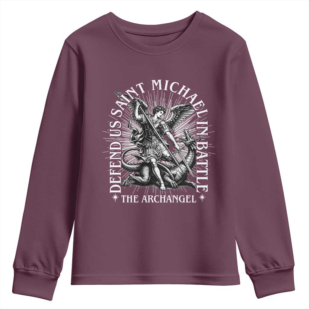 Saint Michael Defend Us In Battle Youth Sweatshirt Catholic Protection Gift TS12 Maroon Print Your Wear