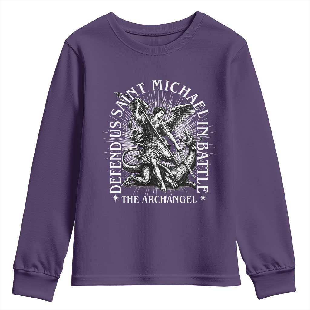 Saint Michael Defend Us In Battle Youth Sweatshirt Catholic Protection Gift TS12 Purple Print Your Wear