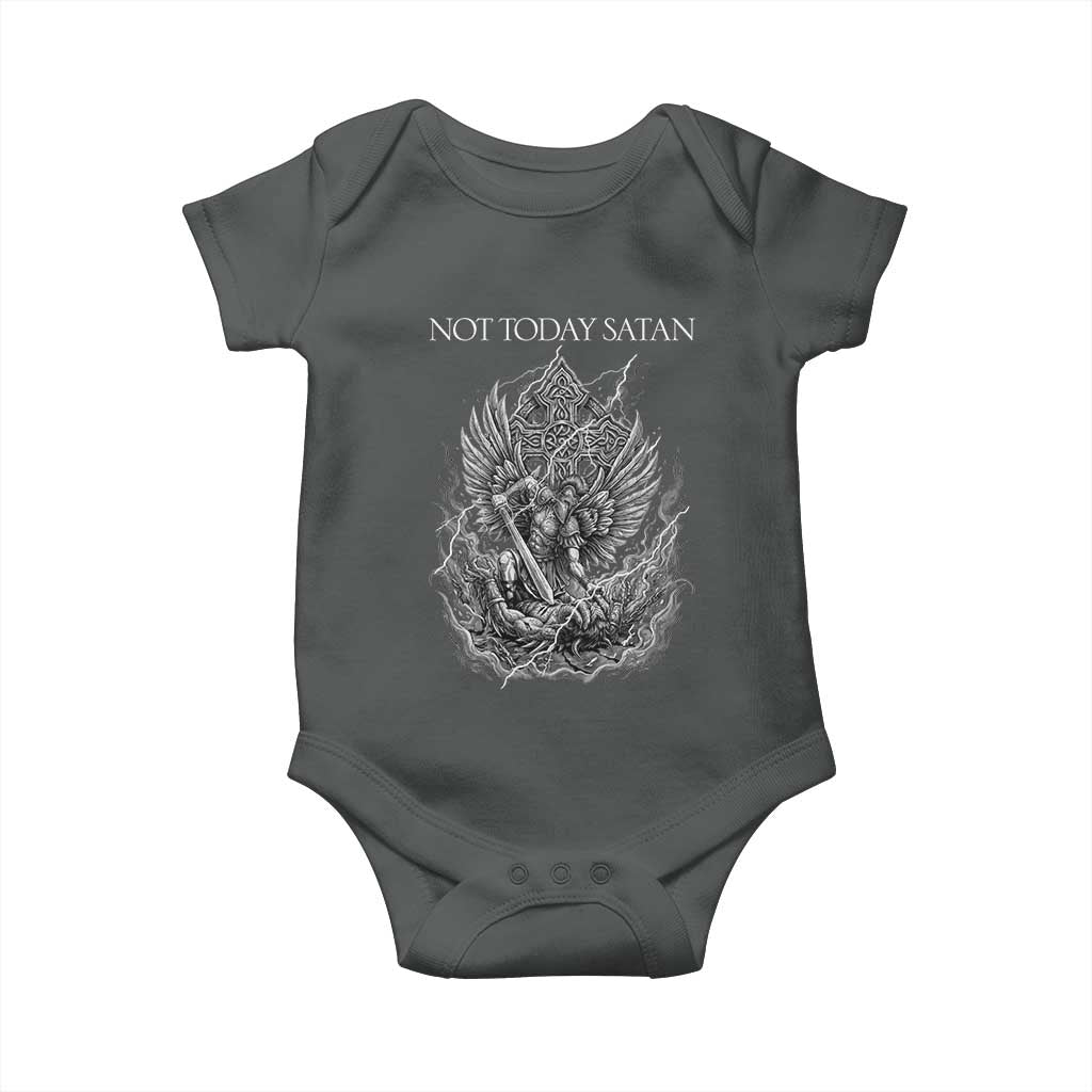 Not Today Satan Baby Onesie Saint Michael Fights Evil TS12 Dark Heather Print Your Wear