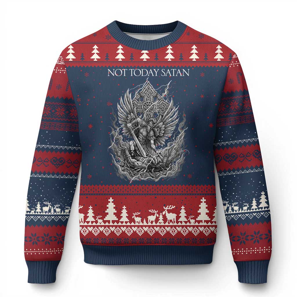 Not Today Satan Ugly Christmas Sweater Saint Michael Fights Evil TS12 Navy Red Print Your Wear