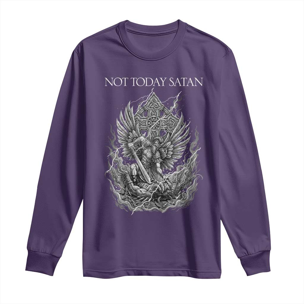 Not Today Satan Long Sleeve Shirt Saint Michael Fights Evil TS12 Purple Print Your Wear