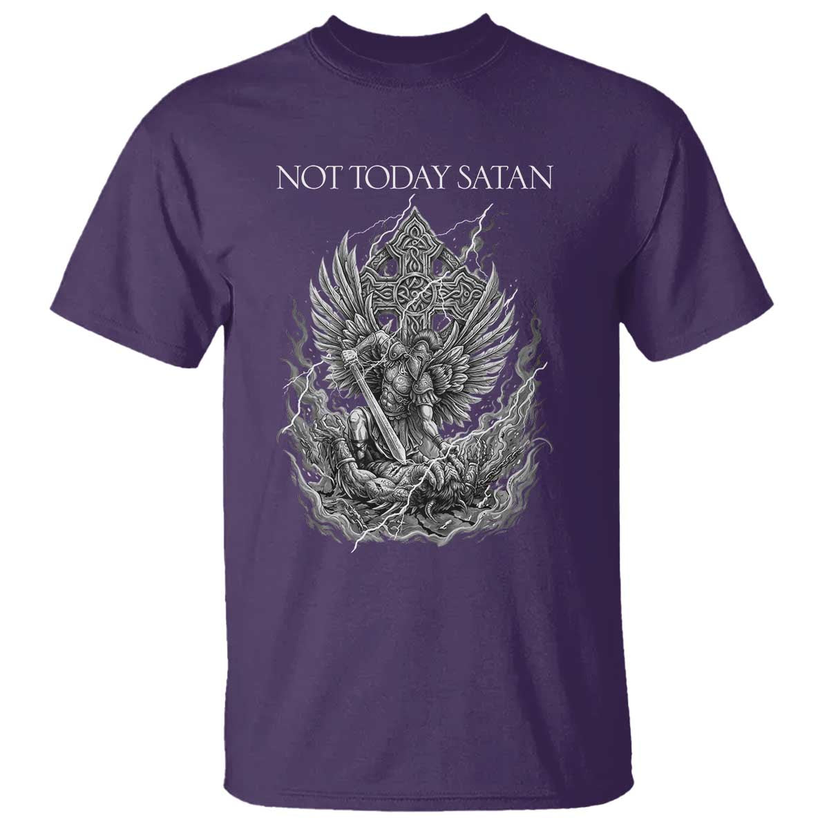 Not Today Satan T Shirt - Saint Michael Fights Evil Christian Faith Spiritual Warfare Tee TS12 Purple Print Your Wear