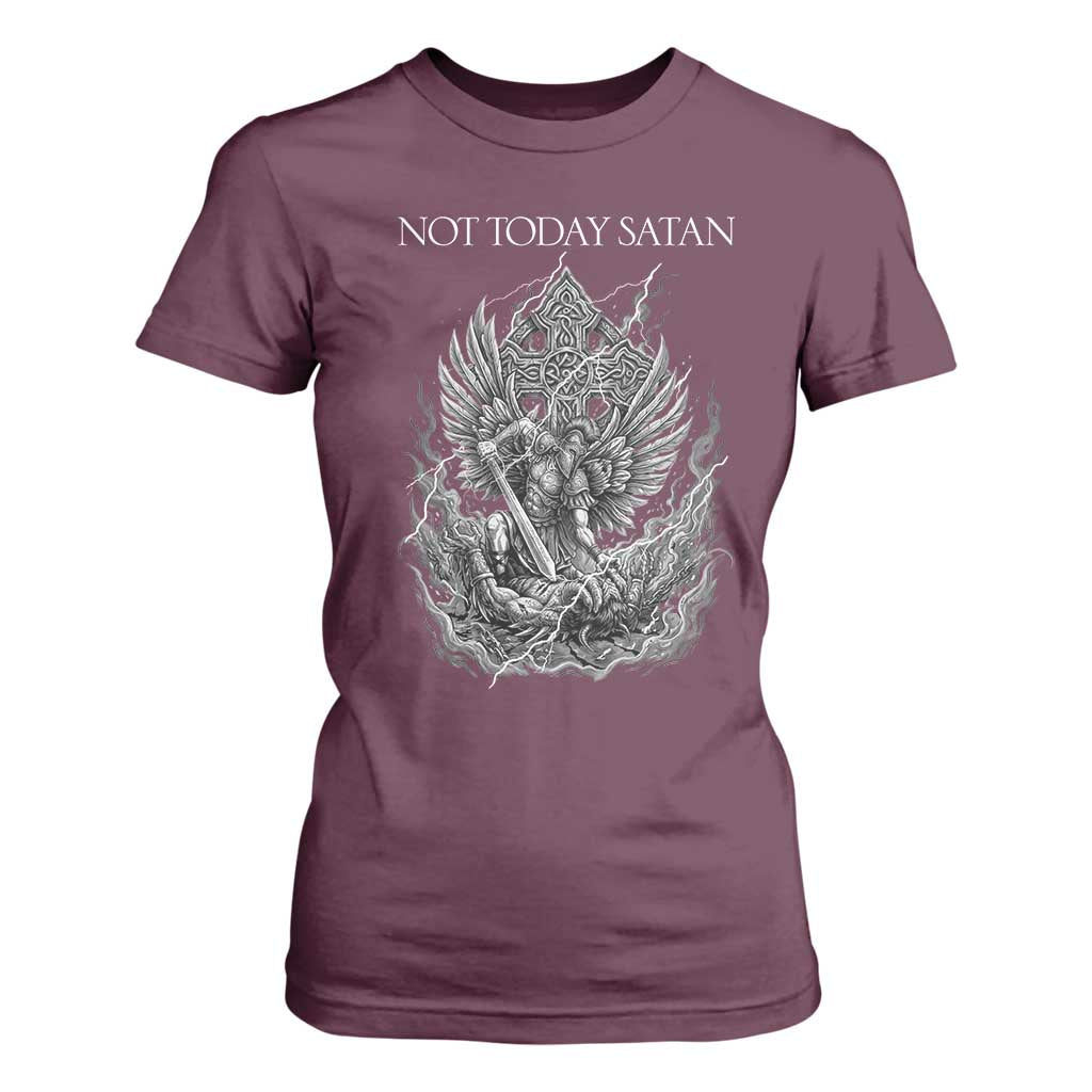 Not Today Satan T Shirt For Women Saint Michael Fights Evil TS12 Maroon Print Your Wear