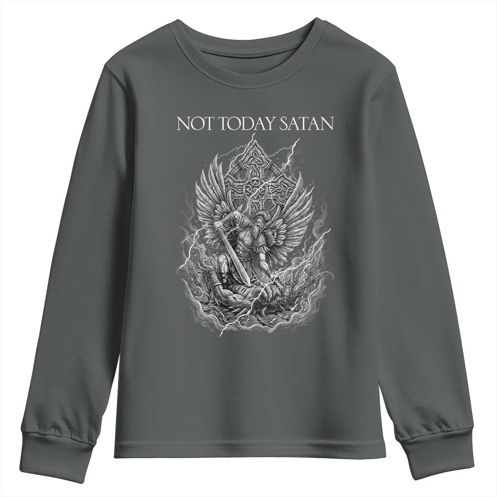 Not Today Satan Youth Sweatshirt Saint Michael Fights Evil TS12 Dark Heather Print Your Wear