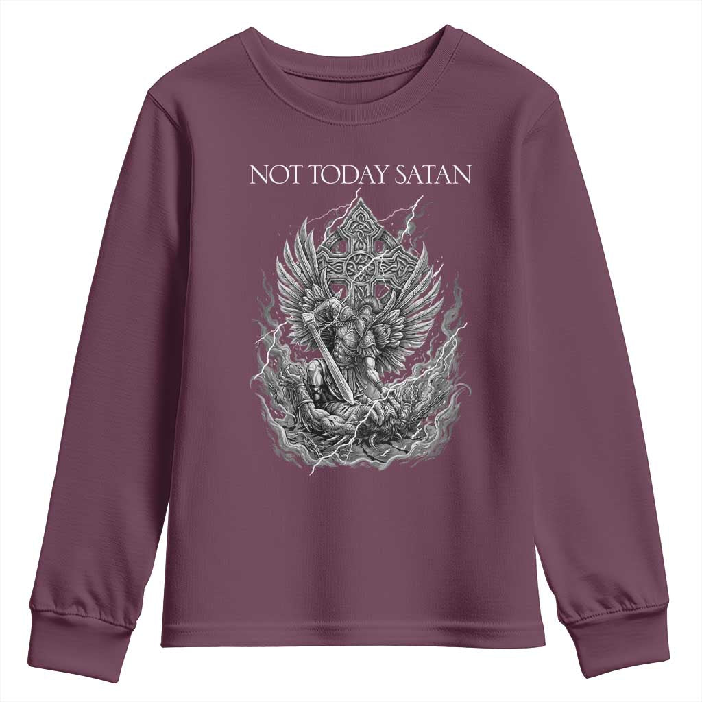 Not Today Satan Youth Sweatshirt Saint Michael Fights Evil TS12 Maroon Print Your Wear