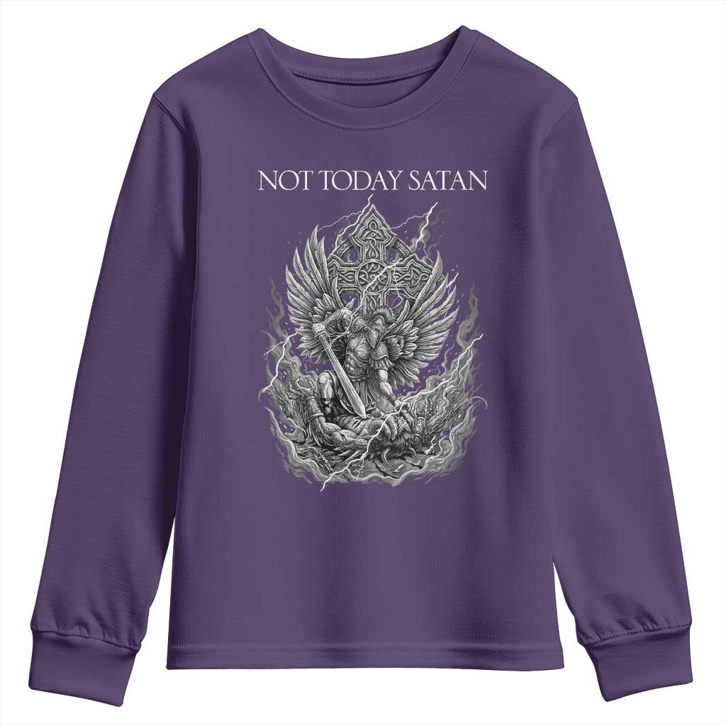 Not Today Satan Youth Sweatshirt Saint Michael Fights Evil TS12 Purple Print Your Wear