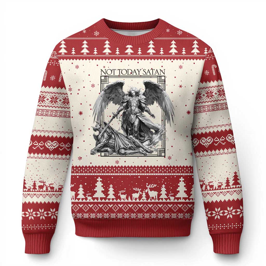 Funny Saint Michael Defeating Satan Ugly Christmas Sweater Not Today Satan TS12 Beige Red Print Your Wear