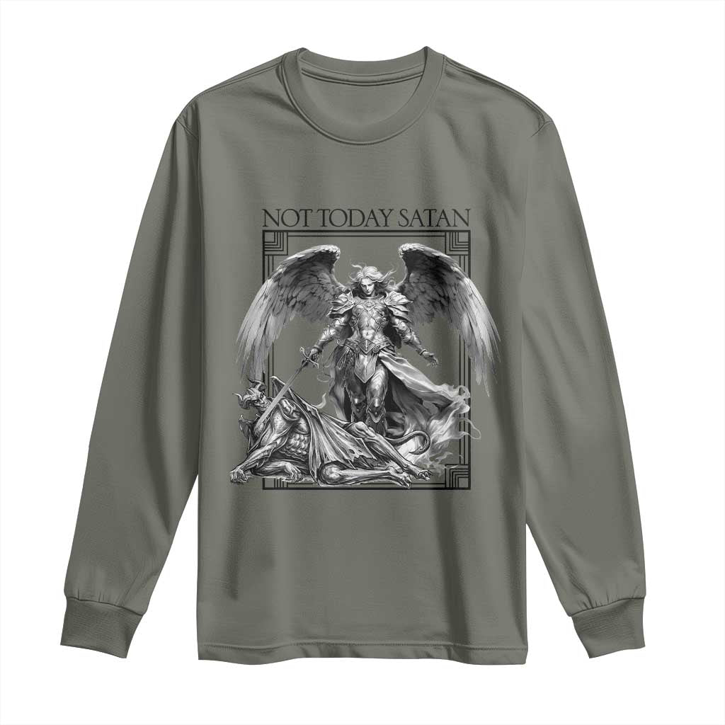 Funny Saint Michael Defeating Satan Long Sleeve Shirt Not Today Satan TS12 Military Green Print Your Wear