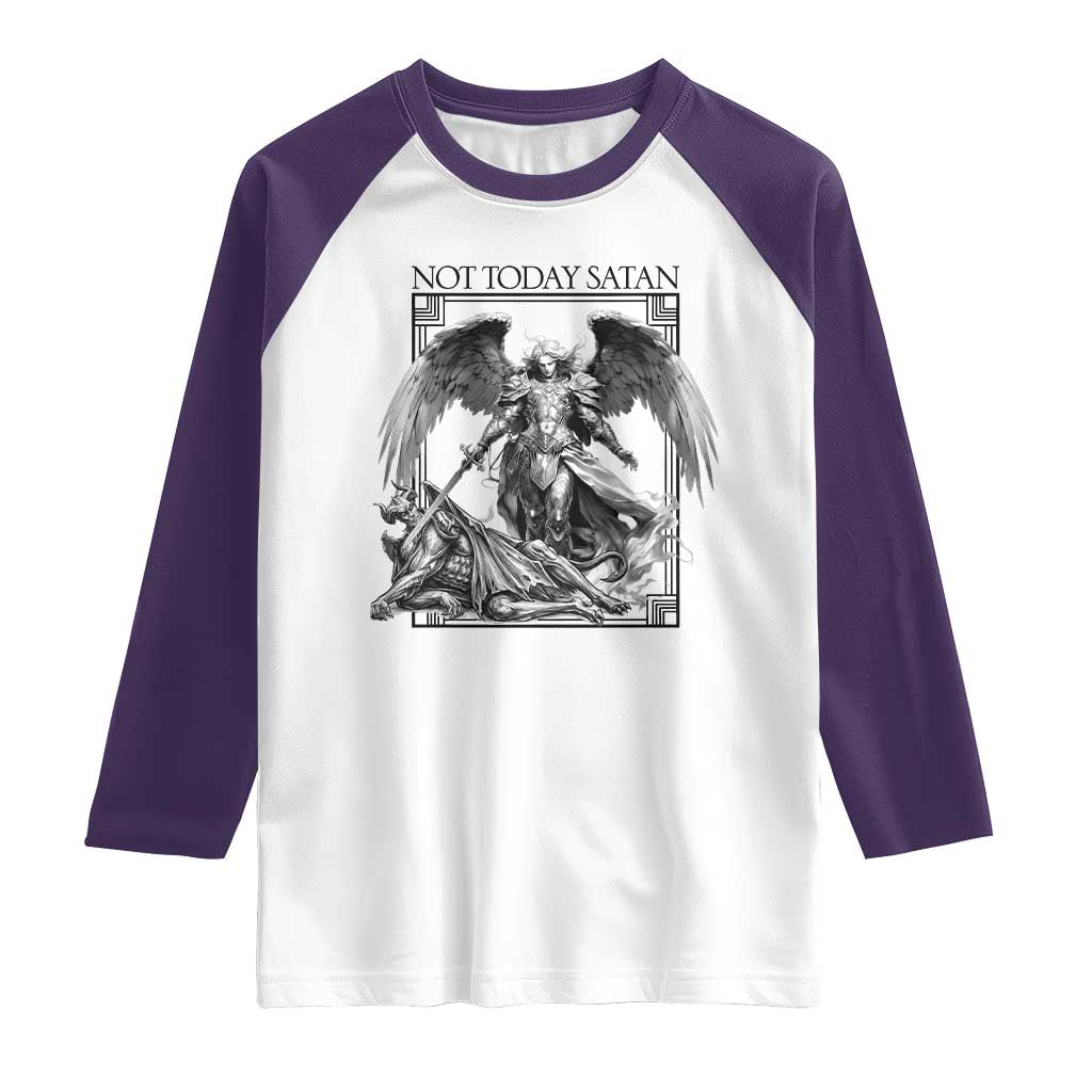 Funny Saint Michael Defeating Satan Raglan Shirt Not Today Satan TS12 White Purple Print Your Wear