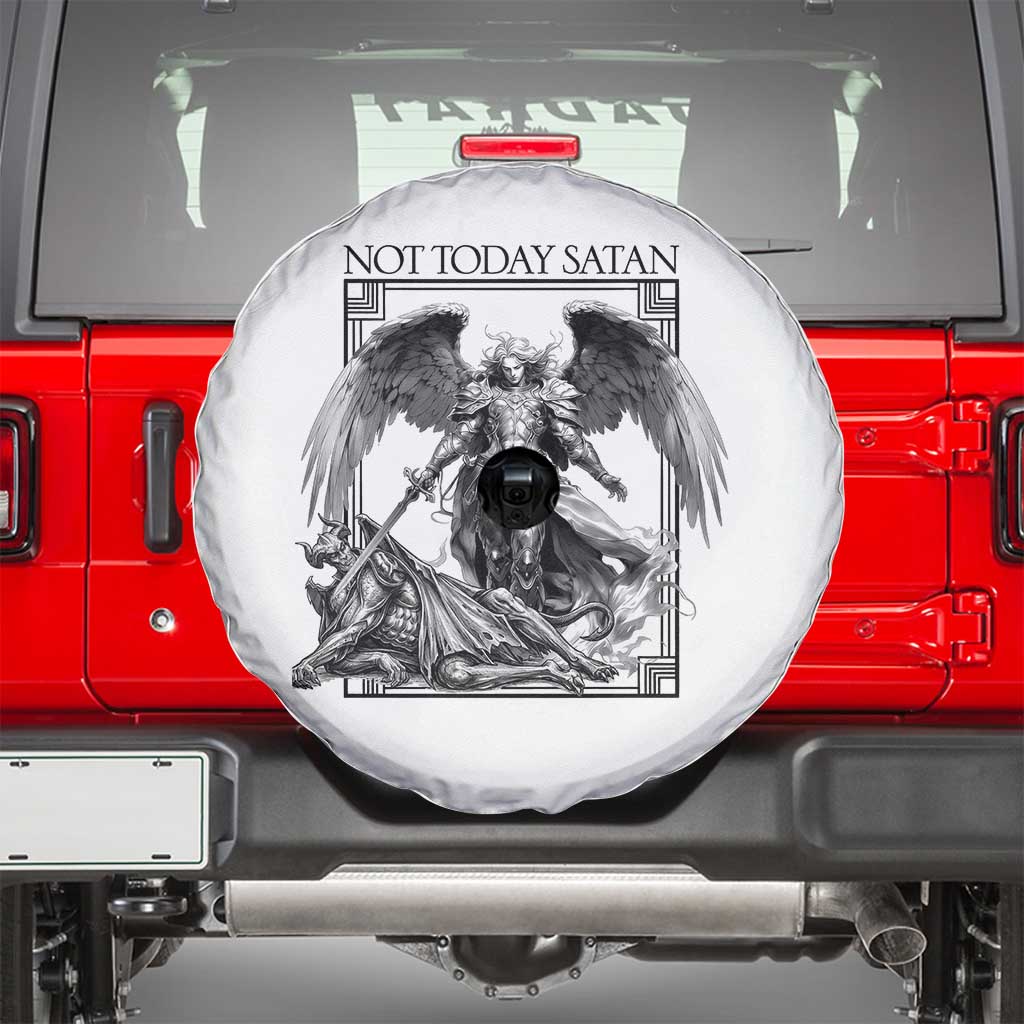 Funny Saint Michael Defeating Satan Spare Tire Cover Not Today Satan TS12 White Print Your Wear
