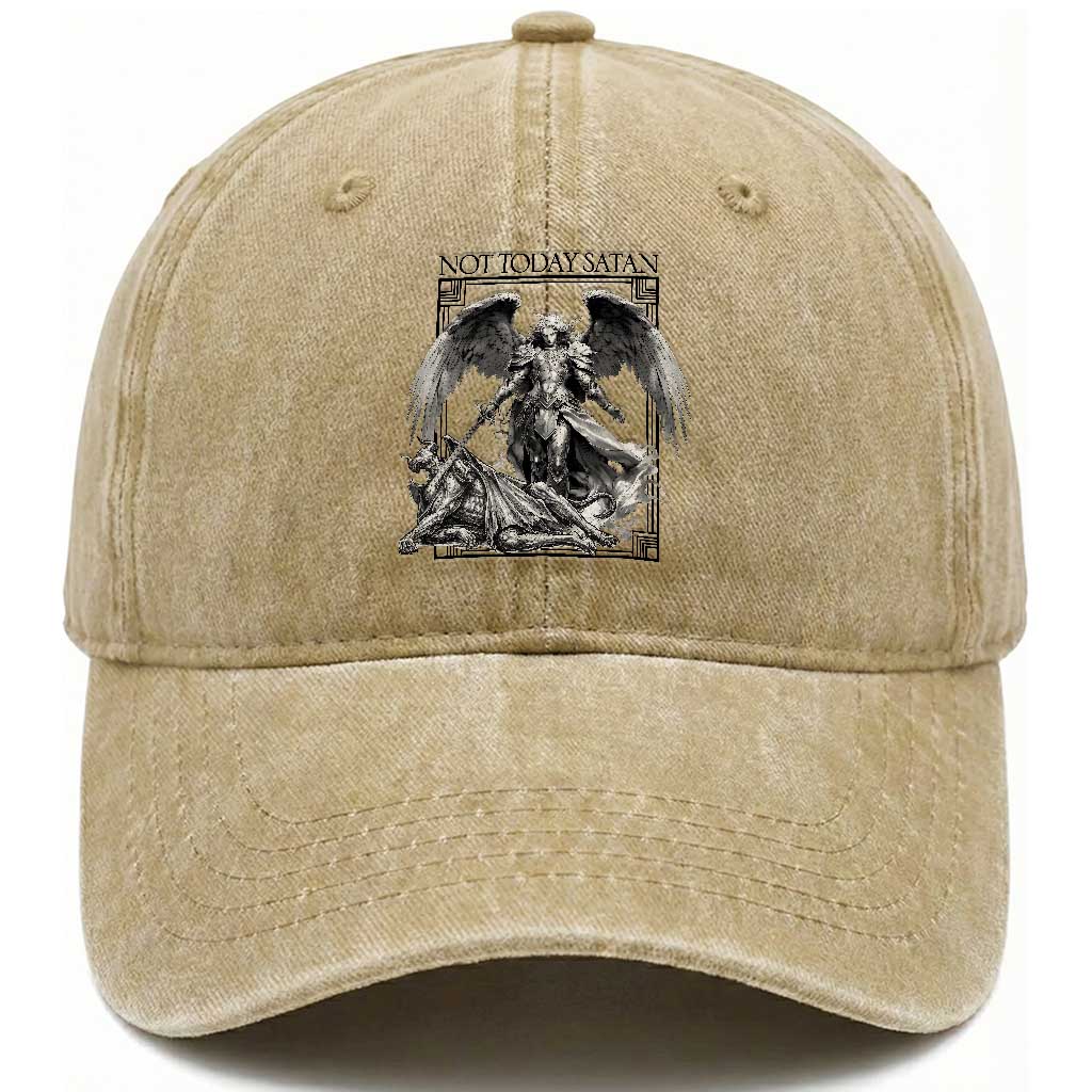 Funny Saint Michael Defeating Satan Washed Cotton Baseball Cap Not Today Satan TS12 Print Your Wear