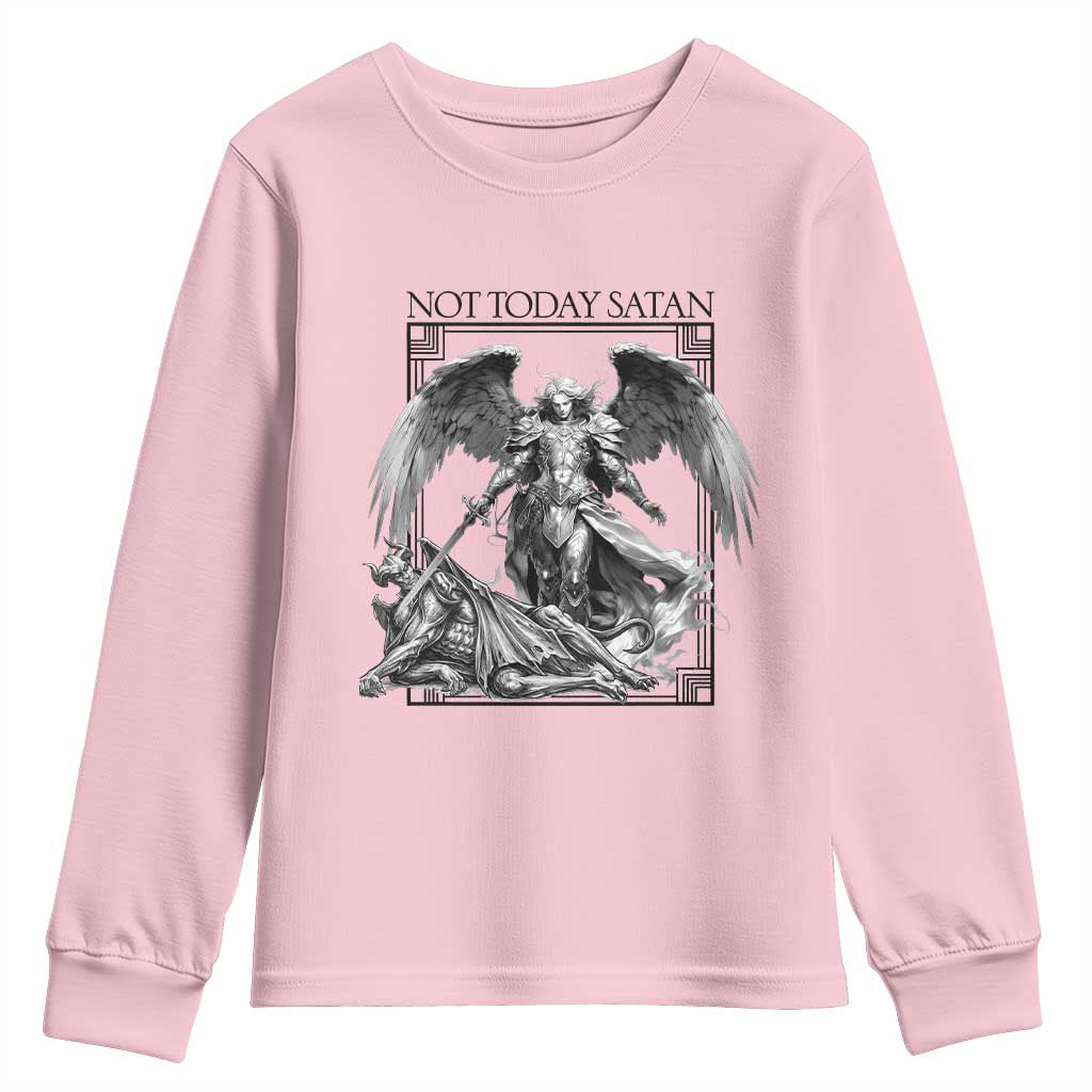 Funny Saint Michael Defeating Satan Youth Sweatshirt Not Today Satan TS12 Light Pink Print Your Wear