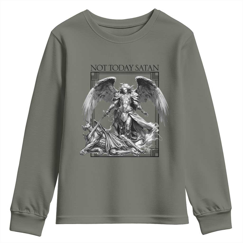 Funny Saint Michael Defeating Satan Youth Sweatshirt Not Today Satan TS12 Military Green Print Your Wear