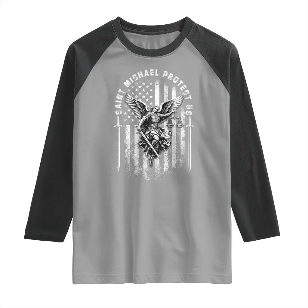 Vintage Saint Michael Archangel Protect Us Prayer Raglan Shirt TS12 Sport Gray Black Print Your Wear