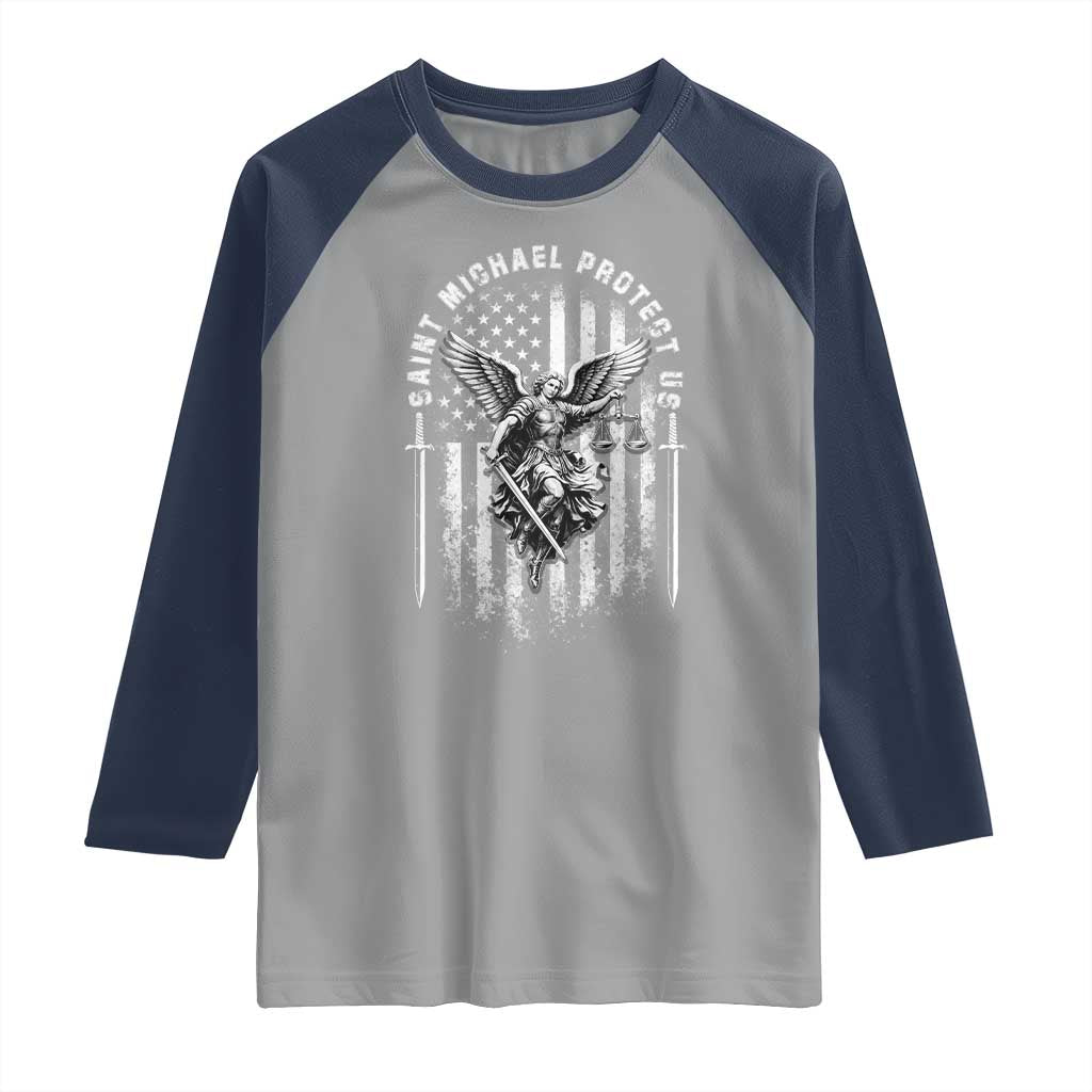 Vintage Saint Michael Archangel Protect Us Prayer Raglan Shirt TS12 Sport Gray Navy Print Your Wear