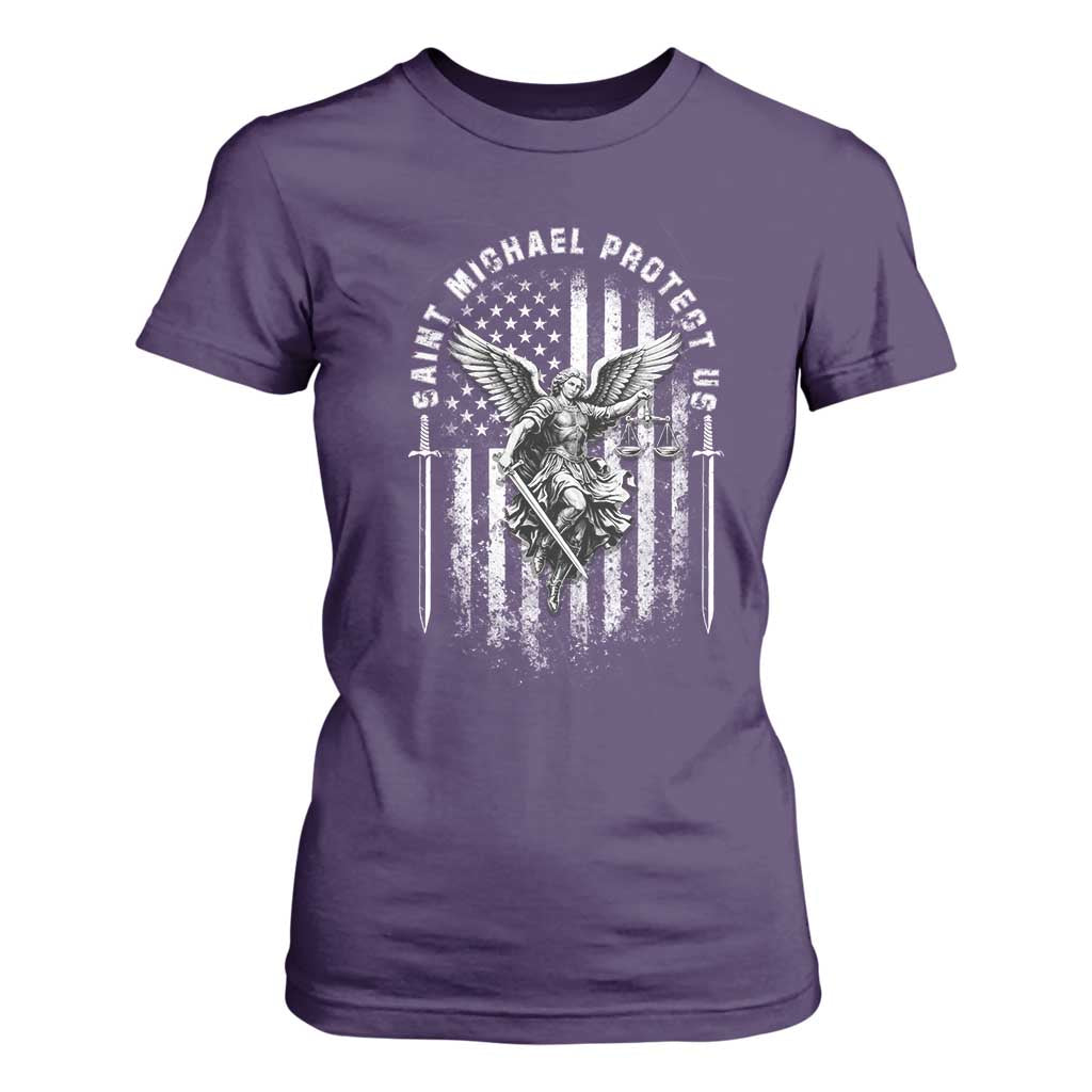 Vintage Saint Michael Archangel Protect Us Prayer T Shirt For Women TS12 Purple Print Your Wear