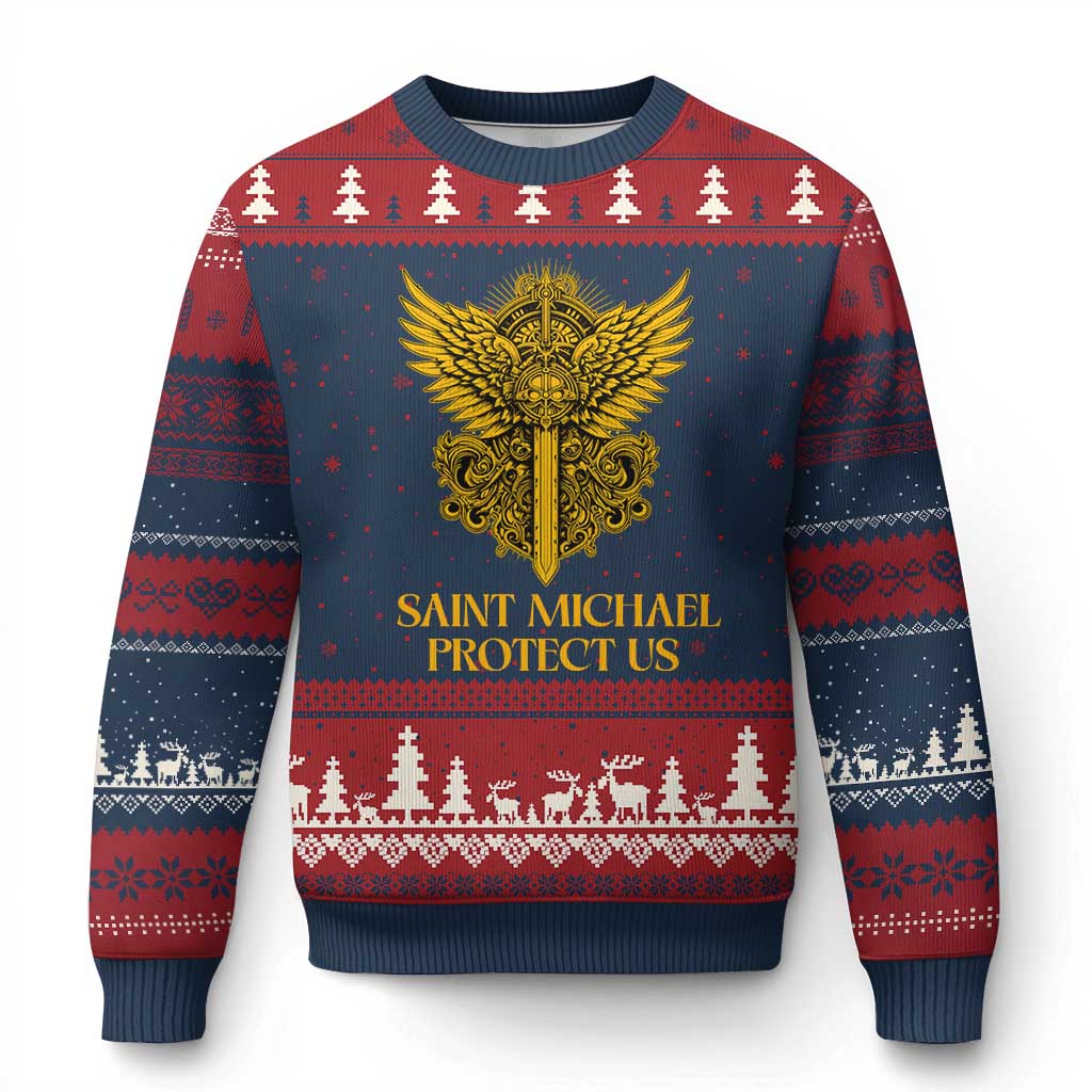 Vintage Catholic Saint Michael Protect Us Ugly Christmas Sweater Religious Gift TS12 Navy Red Print Your Wear