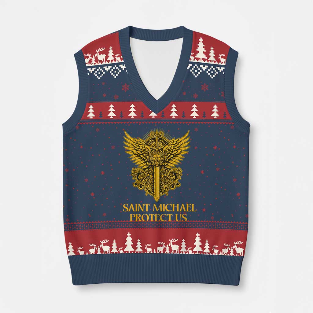 Vintage Catholic Saint Michael Protect Us V-Neck Knit Sweater Vest Religious Gift TS12 Navy Red Print Your Wear