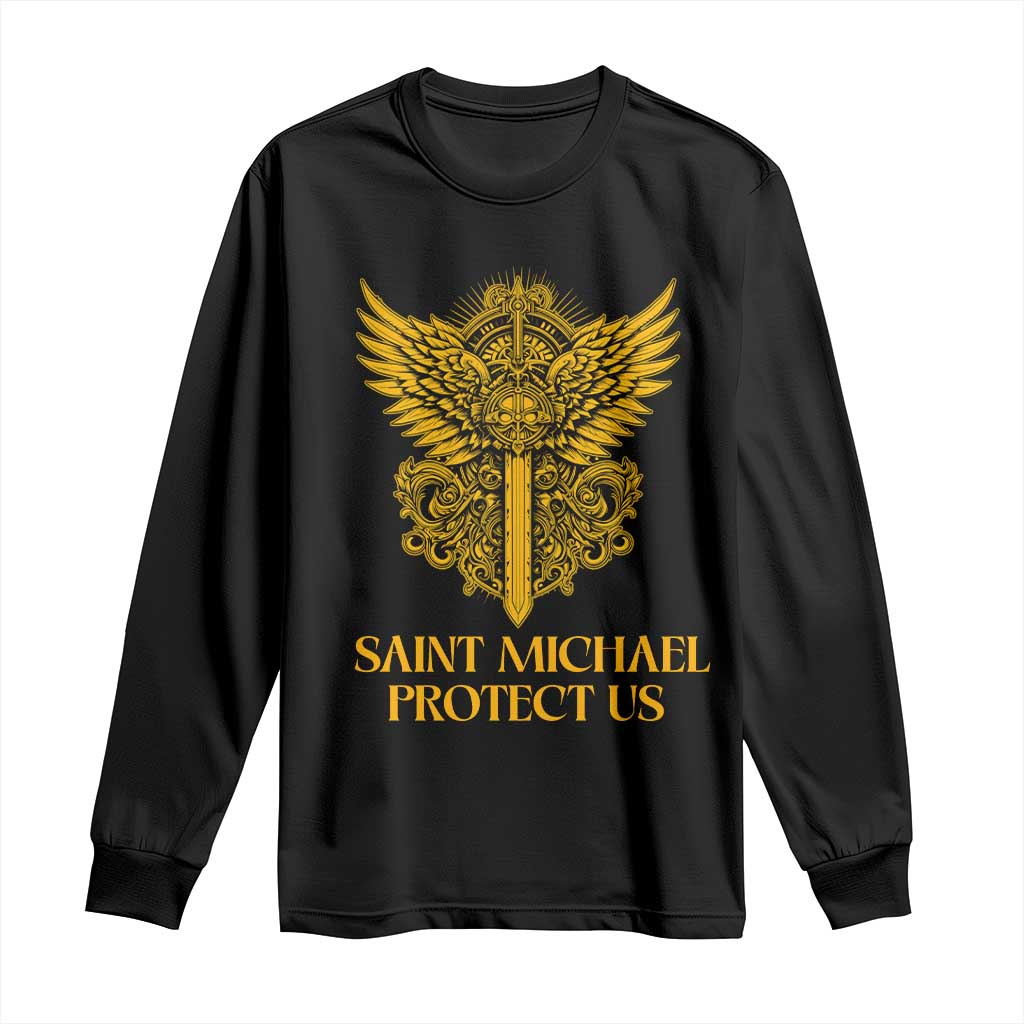 Vintage Catholic Saint Michael Protect Us Long Sleeve Shirt Religious Gift TS12 Black Print Your Wear