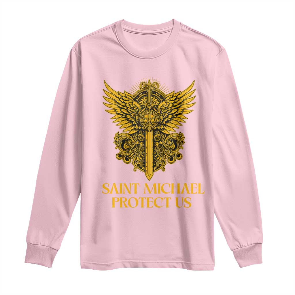 Vintage Catholic Saint Michael Protect Us Long Sleeve Shirt Religious Gift TS12 Light Pink Print Your Wear