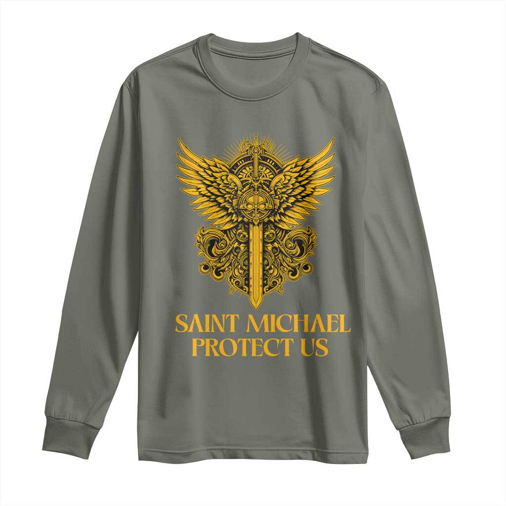 Vintage Catholic Saint Michael Protect Us Long Sleeve Shirt Religious Gift TS12 Military Green Print Your Wear