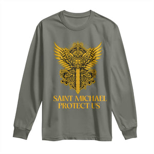Vintage Catholic Saint Michael Protect Us Long Sleeve Shirt Religious Gift TS12 Military Green Print Your Wear