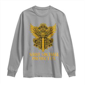 Vintage Catholic Saint Michael Protect Us Long Sleeve Shirt Religious Gift TS12 Sport Gray Print Your Wear