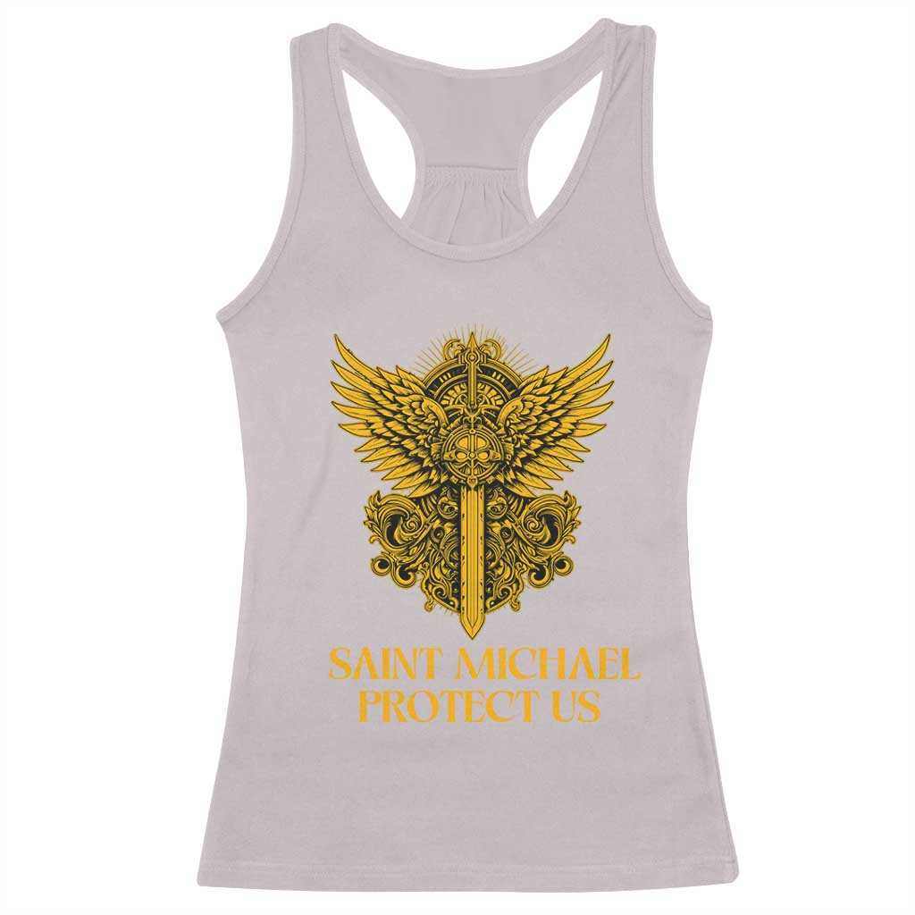 Vintage Catholic Saint Michael Protect Us Racerback Tank Top Religious Gift TS12 Ice Gray Print Your Wear
