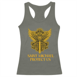 Vintage Catholic Saint Michael Protect Us Racerback Tank Top Religious Gift TS12 Military Green Print Your Wear