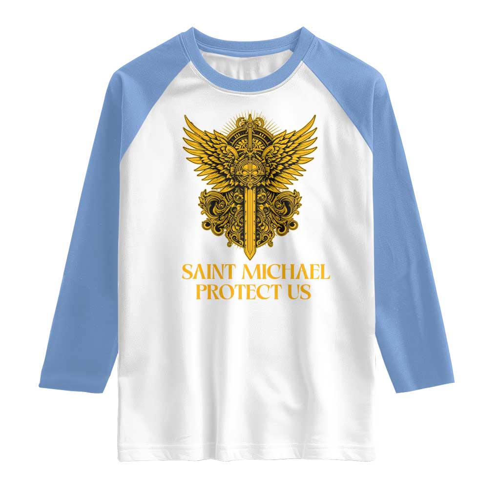 Vintage Catholic Saint Michael Protect Us Raglan Shirt Religious Gift TS12 White Carolina Blue Print Your Wear