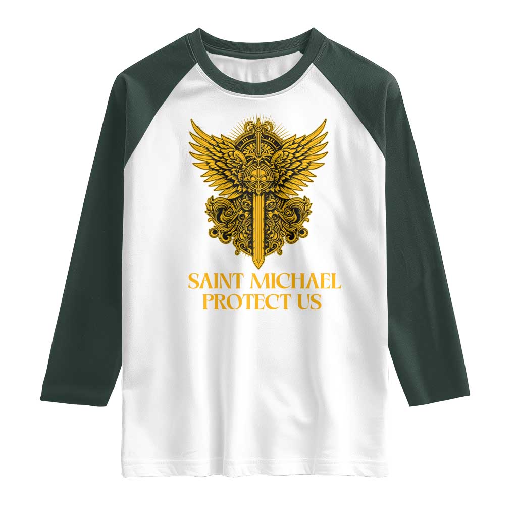 Vintage Catholic Saint Michael Protect Us Raglan Shirt Religious Gift TS12 White Dark Forest Green Print Your Wear