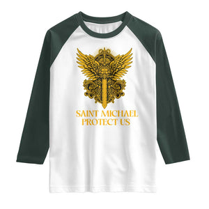 Vintage Catholic Saint Michael Protect Us Raglan Shirt Religious Gift TS12 White Dark Forest Green Print Your Wear