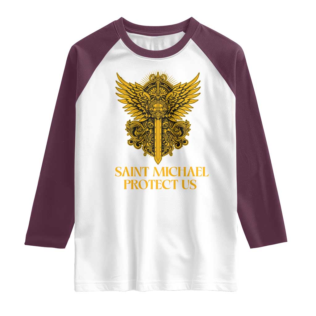 Vintage Catholic Saint Michael Protect Us Raglan Shirt Religious Gift TS12 White Maroon Print Your Wear