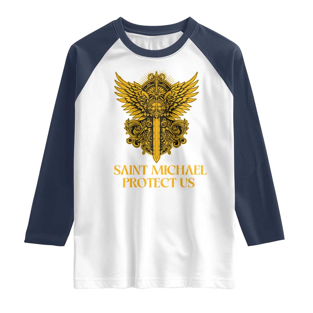 Vintage Catholic Saint Michael Protect Us Raglan Shirt Religious Gift TS12 White Navy Print Your Wear