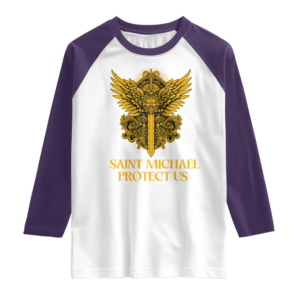 Vintage Catholic Saint Michael Protect Us Raglan Shirt Religious Gift TS12 White Purple Print Your Wear