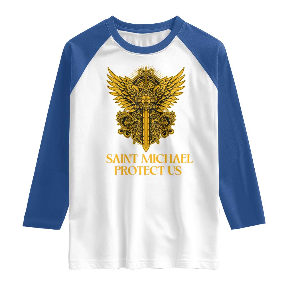 Vintage Catholic Saint Michael Protect Us Raglan Shirt Religious Gift TS12 White Royal Print Your Wear