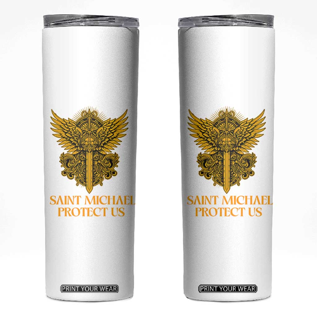 Vintage Catholic Saint Michael Protect Us Skinny Tumbler Religious Gift TS12 White Print Your Wear