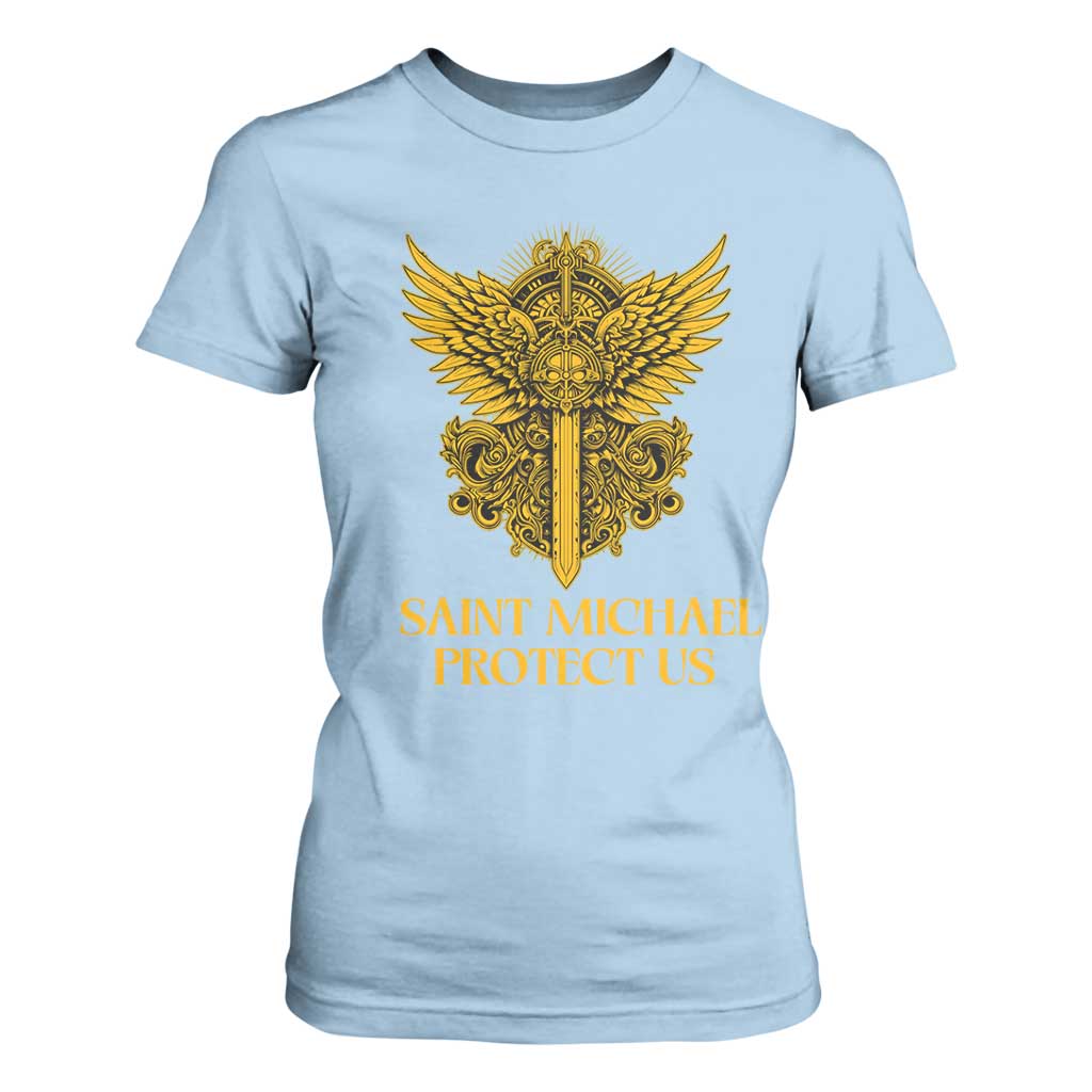 Vintage Catholic Saint Michael Protect Us T Shirt For Women Religious Gift TS12 Light Blue Print Your Wear