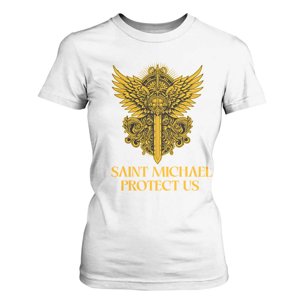 Vintage Catholic Saint Michael Protect Us T Shirt For Women Religious Gift TS12 White Print Your Wear
