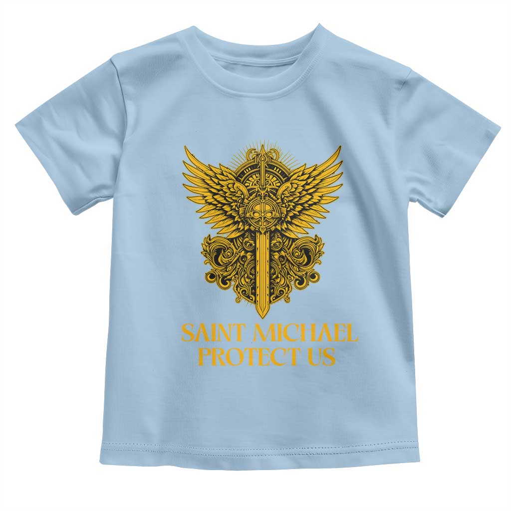 Vintage Catholic Saint Michael Protect Us Toddler T Shirt Religious Gift TS12 Light Blue Print Your Wear
