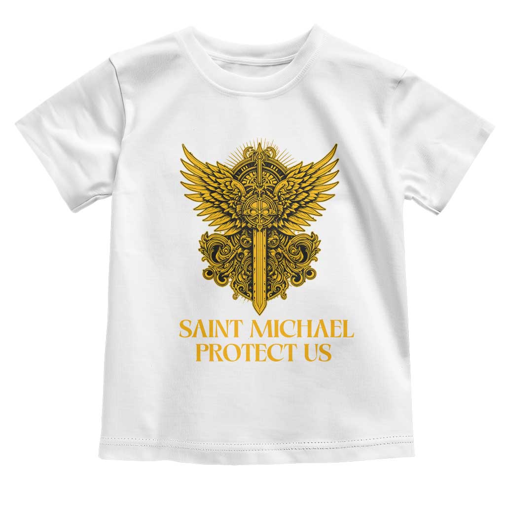 Vintage Catholic Saint Michael Protect Us Toddler T Shirt Religious Gift TS12 White Print Your Wear