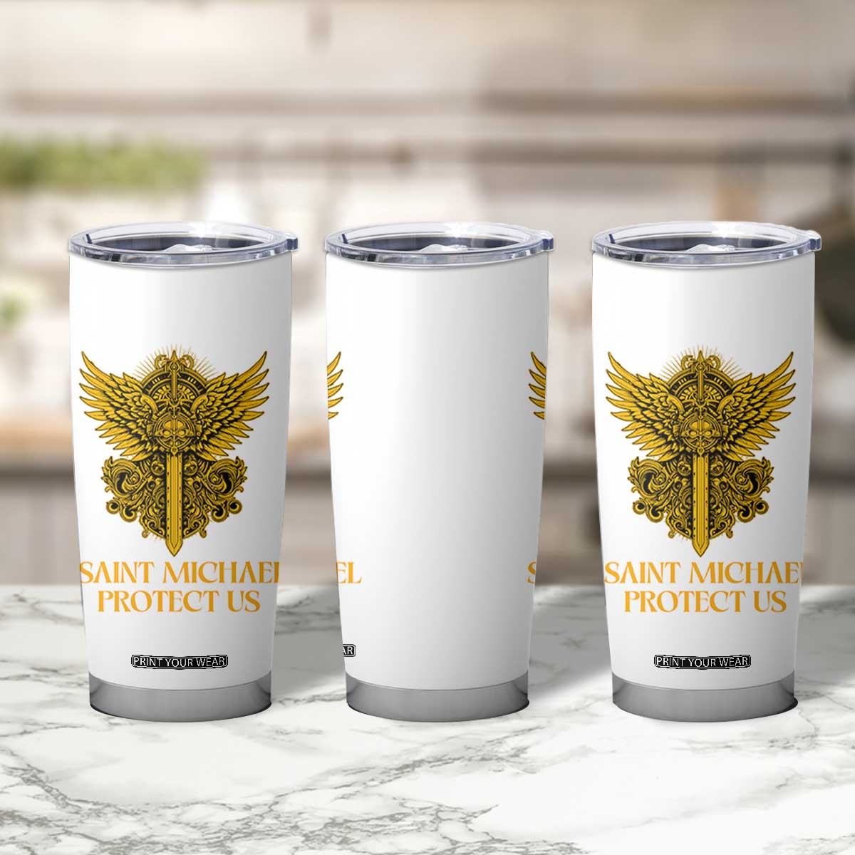 Vintage Catholic Saint Michael Protect Us Tumbler Cup Religious Gift TS12 Print Your Wear