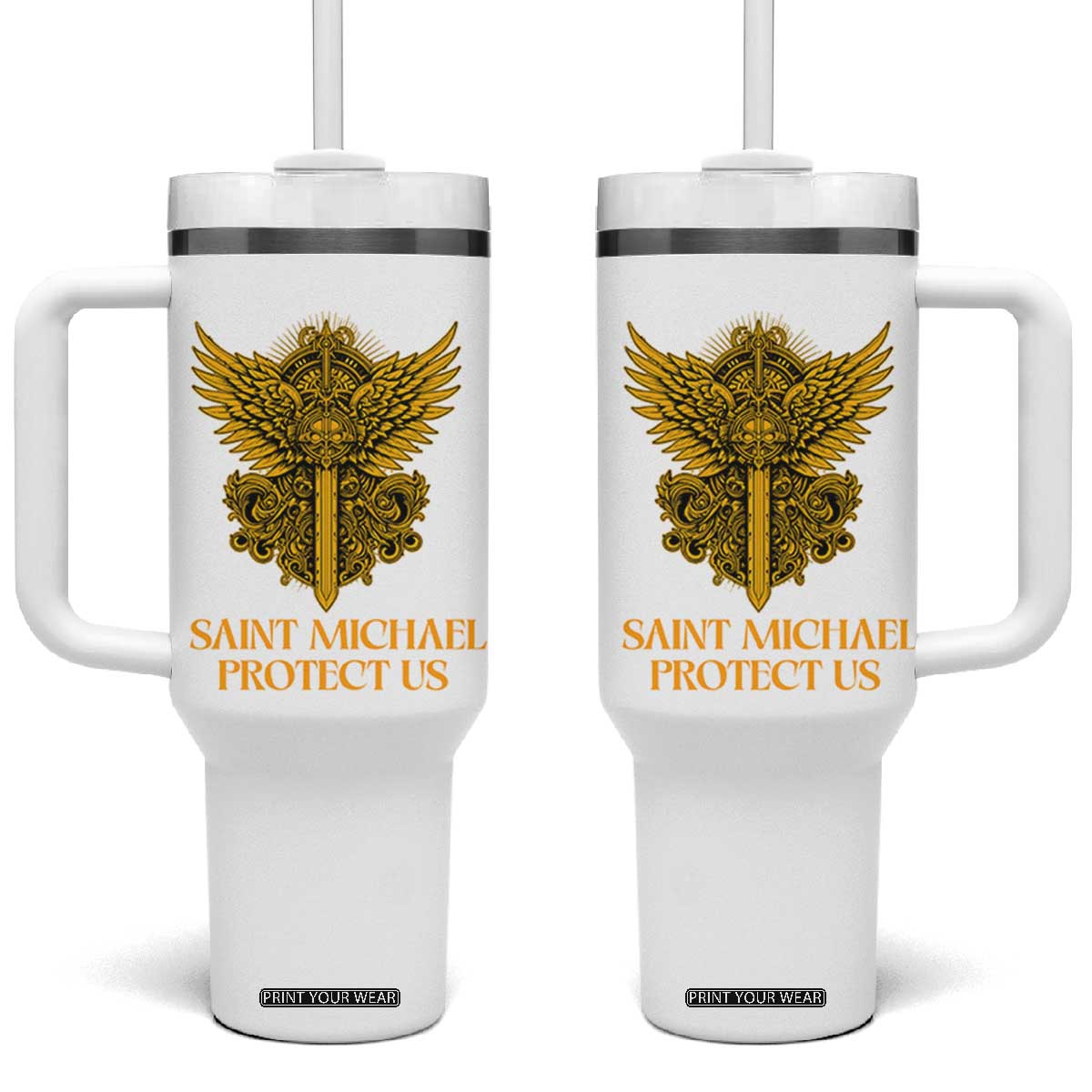 Vintage Catholic Saint Michael Protect Us Tumbler With Handle Religious Gift TS12 One Size: 40 oz White Print Your Wear