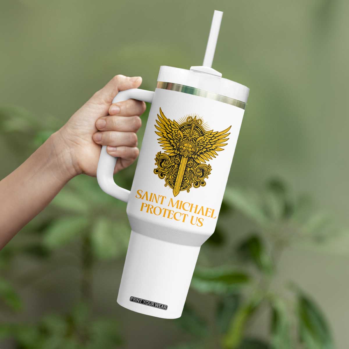 Vintage Catholic Saint Michael Protect Us Tumbler With Handle Religious Gift TS12 Print Your Wear