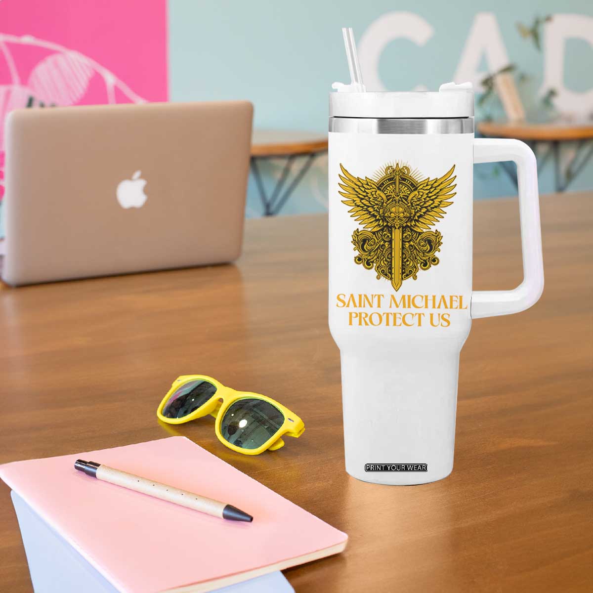 Vintage Catholic Saint Michael Protect Us Tumbler With Handle Religious Gift TS12 Print Your Wear