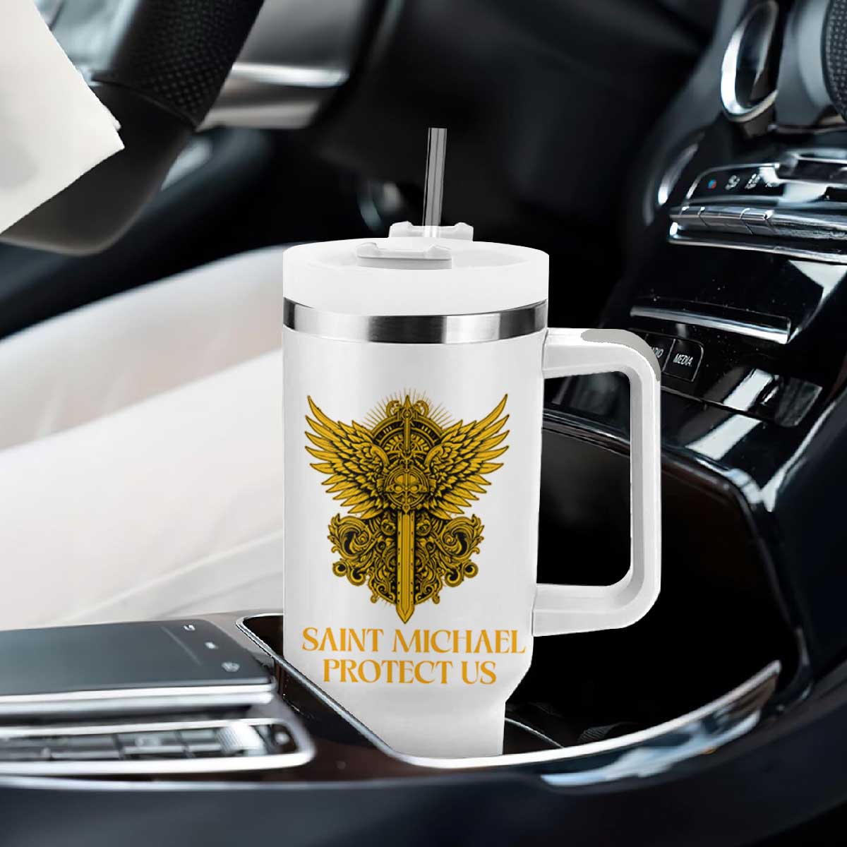 Vintage Catholic Saint Michael Protect Us Tumbler With Handle Religious Gift TS12 Print Your Wear