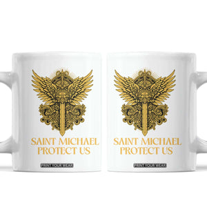 Vintage Catholic Saint Michael Protect Us Coffee Mug Religious Gift TS12 White Print Your Wear