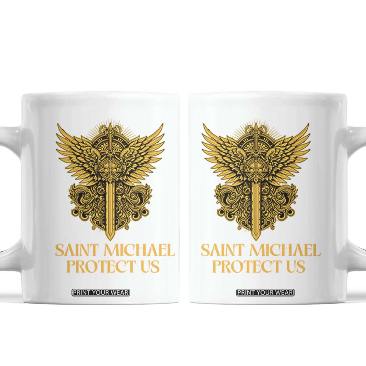 Vintage Catholic Saint Michael Protect Us Coffee Mug Religious Gift TS12 White Print Your Wear
