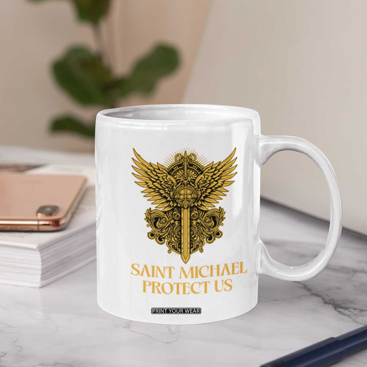 Vintage Catholic Saint Michael Protect Us Coffee Mug Religious Gift TS12 Print Your Wear